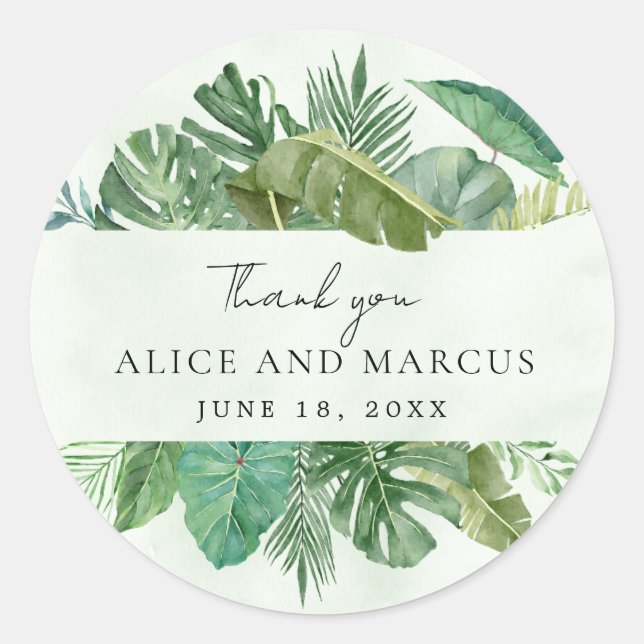 Tropical Leaf Beach Destination Wedding Classic Round Sticker (Front)