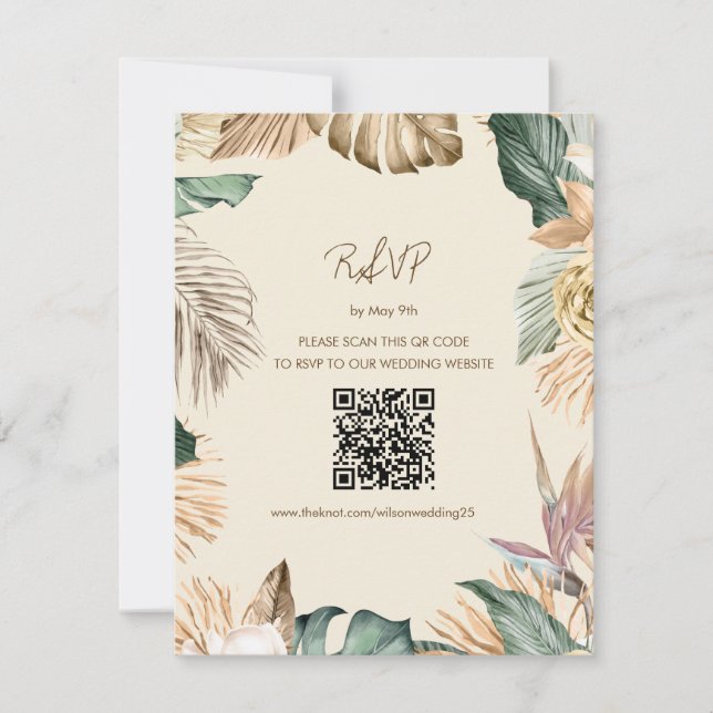 Tropical Leaf Beach RSVP Card with QR Code (Front)