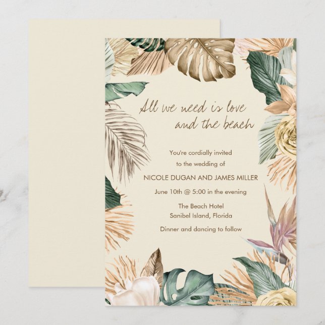 Tropical Leaf Beach Wedding Invitation (Front/Back)