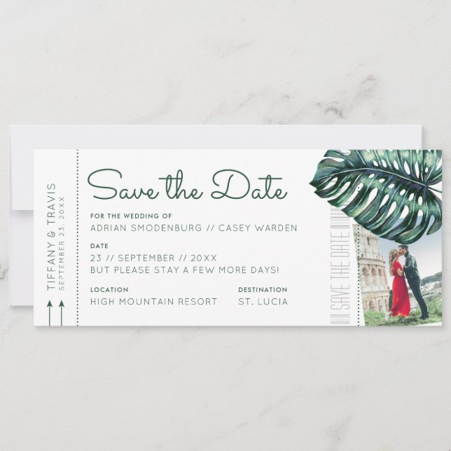Tropical Leaf Boarding Pass Photo Save the Date Announcement (Front)