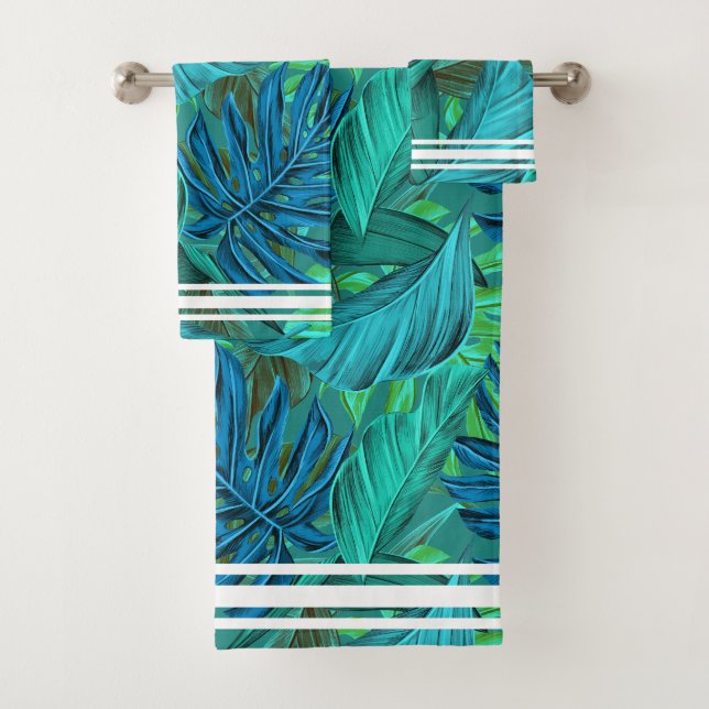 Tropical leaf botanical jungle island pattern bath towel set (Insitu)