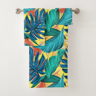 Tropical leaf botanical jungle island pattern fun bath towel set