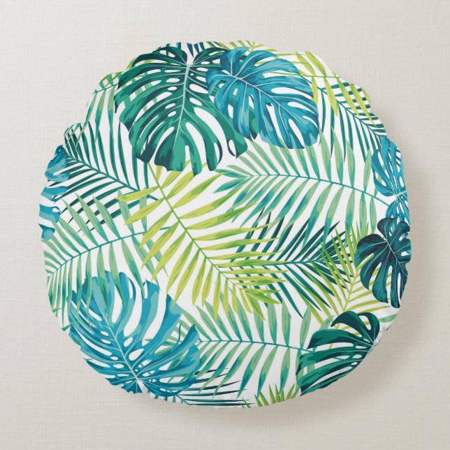 Tropical leaf design featuring green/blue palm and round pillow (Front)
