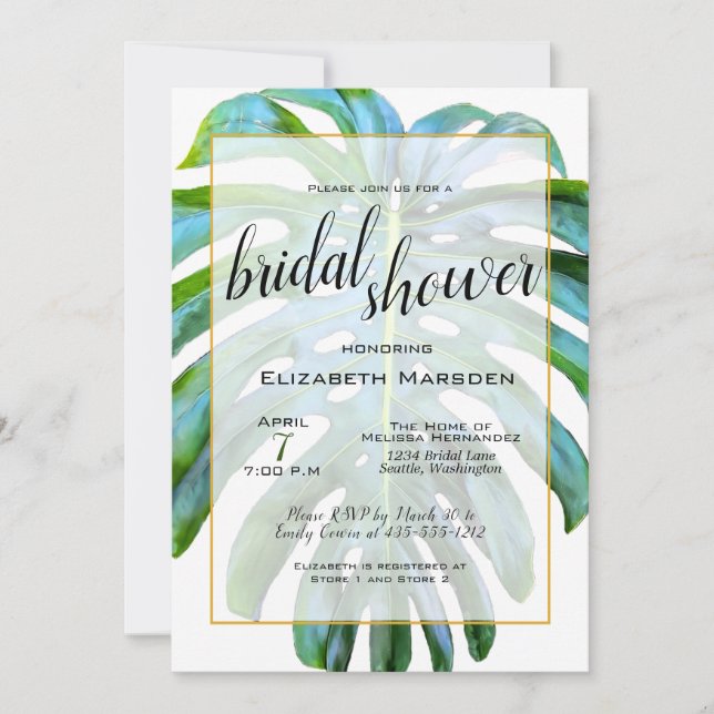 Tropical Leaf Elegant Script Bridal Shower Invitation (Front)