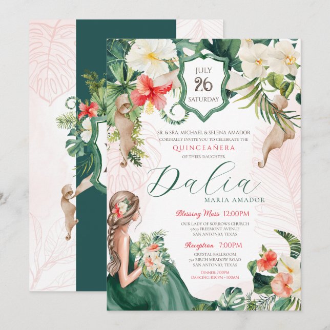 Tropical Leaf Emerald Green Floral Quinceanera Invitation (Front/Back)