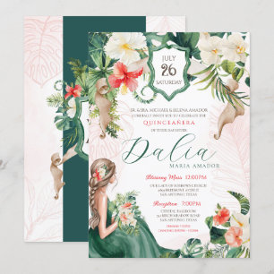 Tropical Leaf Emerald Green Floral Quinceanera Invitation