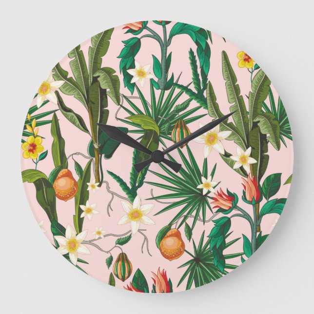 Tropical leaf, flower, fruit pattern. large clock (Front)