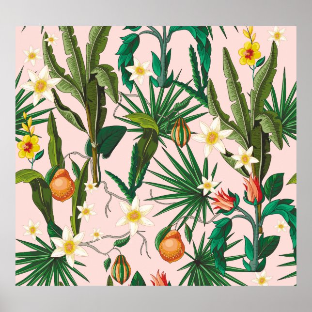 Tropical leaf, flower, fruit pattern. poster (Front)