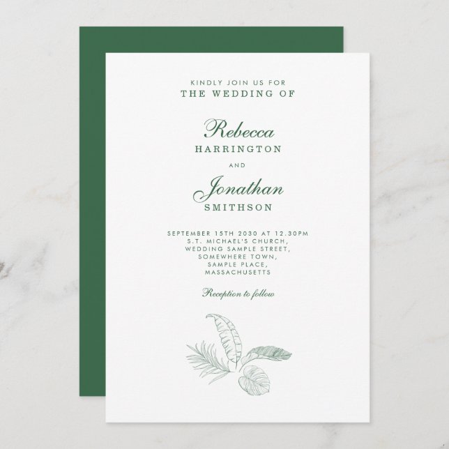 Tropical Leaf Green Minimal Wedding Invitation (Front/Back)
