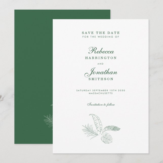 Tropical Leaf Green Minimal Wedding Save The Date Invitation (Front/Back)
