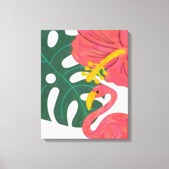 Tropical Leaf, Hibiscus Flower & Flamingo Canvas Print (Front)