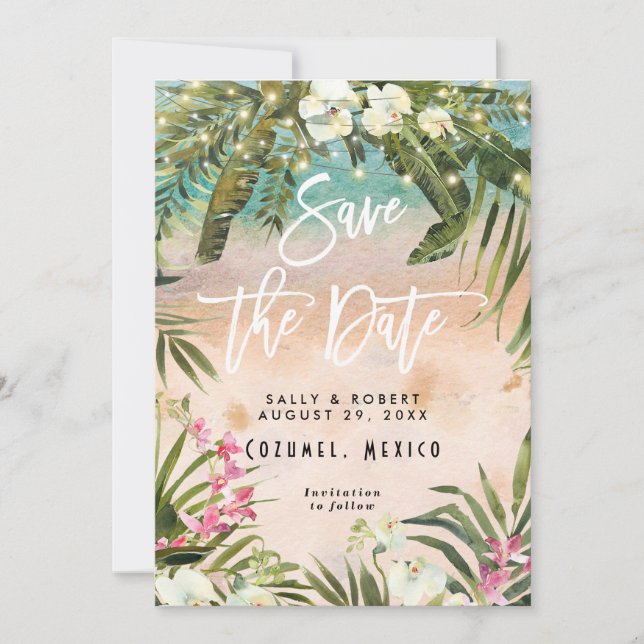 tropical leaf lights wedding save the date card (Front)