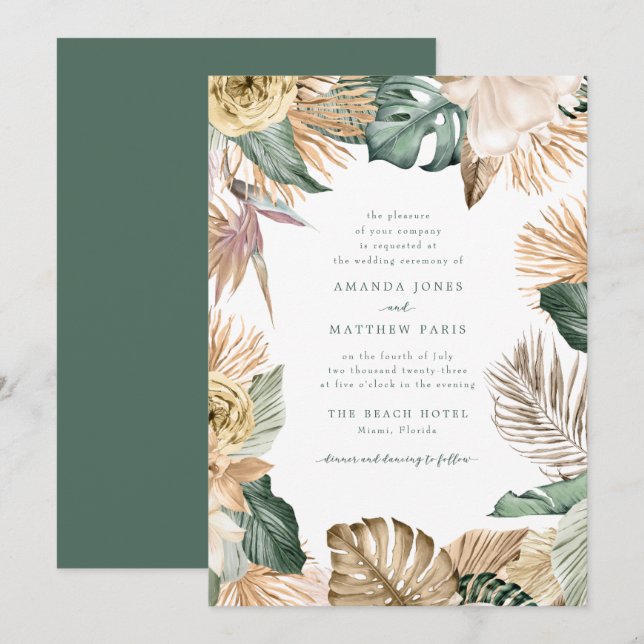 Tropical Leaf Love and the Beach Wedding Invite (Front/Back)