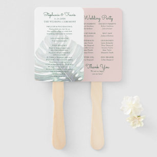 Tropical Leaf Monstera Palm Pink Wedding Program Hand Fan