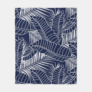 Tropical leaf, navy blue background fleece blanket