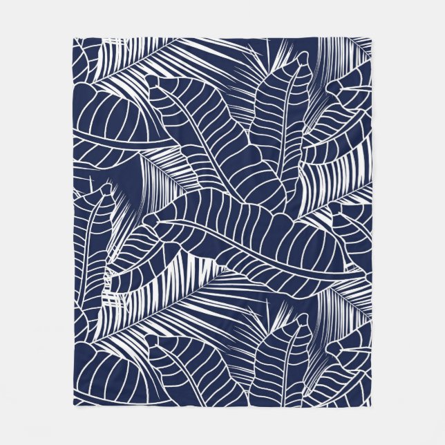 Tropical leaf, navy blue background fleece blanket (Front)