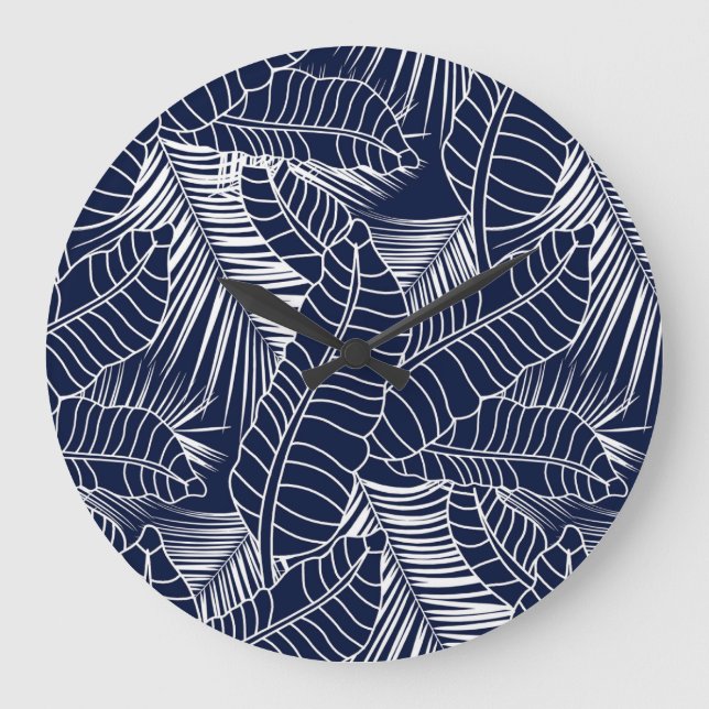 Tropical leaf, navy blue background large clock (Front)