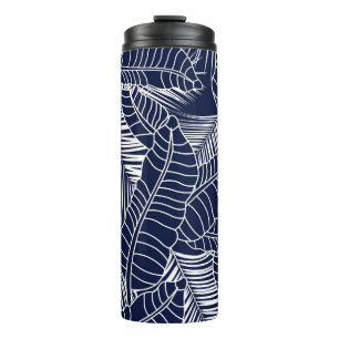 Tropical leaf, navy blue background thermal tumbler