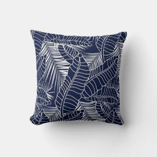 Tropical leaf, navy blue background throw pillow