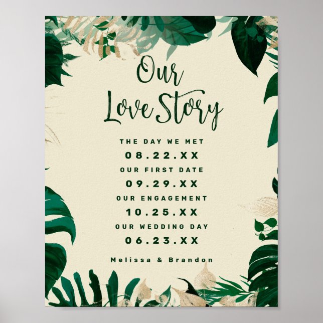 Tropical Leaf Our Love Story Timeline Wedding Sign (Front)