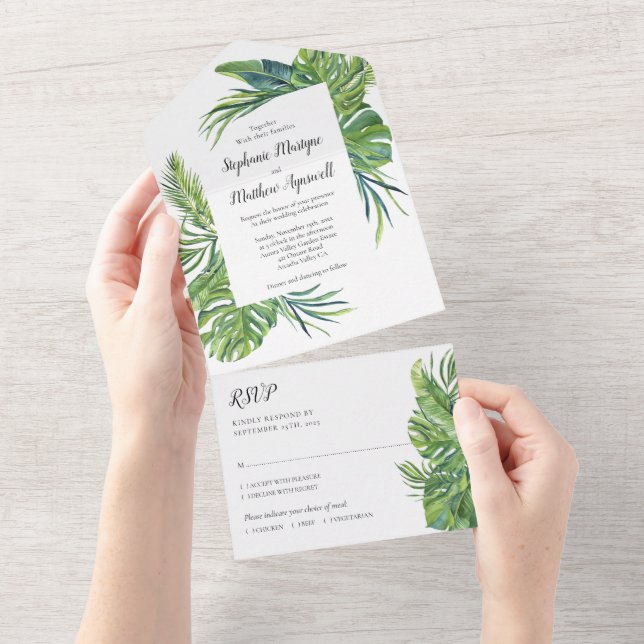 Tropical Leaf Palm Foliage Wedding All In One Invitation (Tearaway)