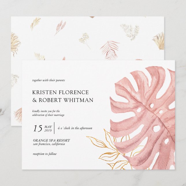 tropical leaf pastel gold Wedding Invitation (Front/Back)