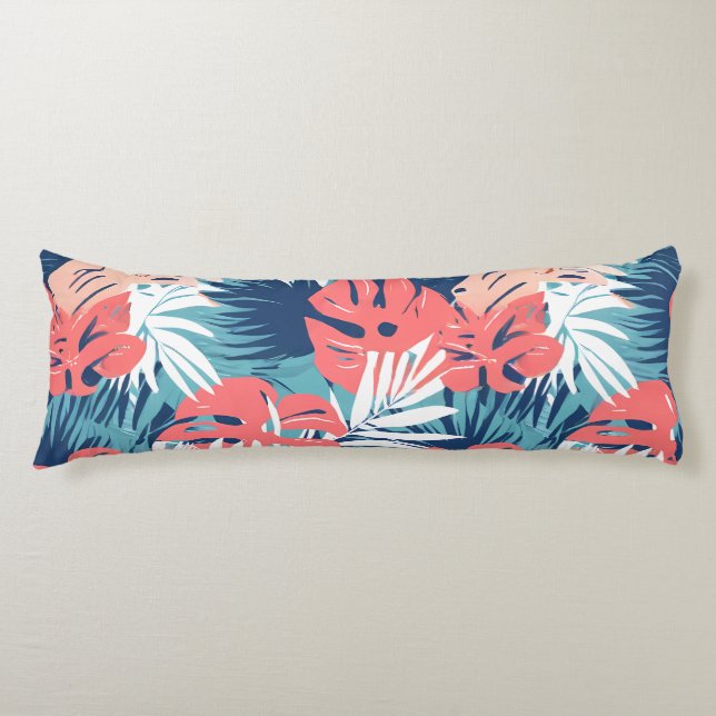 tropical leaf pattern coral blue white body pillow (Front)