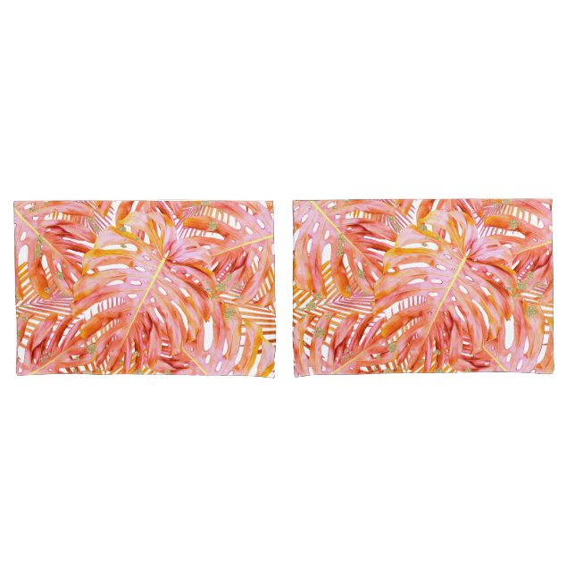 Tropical Leaf Pattern Coral Rose Gold Glitter Pillowcase (Front-Set)
