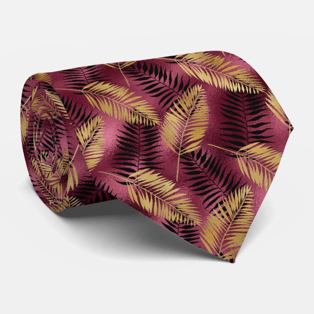 Tropical leaf pattern gold burgundy neck tie (Rolled)
