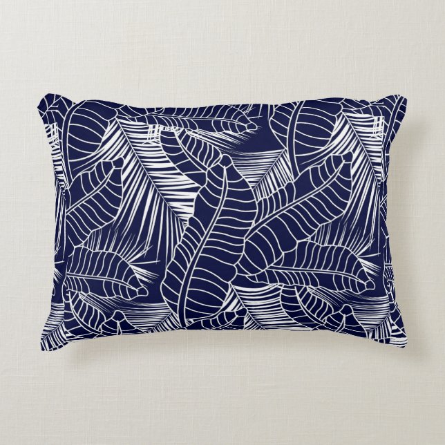 tropical leaf pattern on the navy blue background accent pillow (Front)