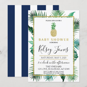 Tropical Leaf Pineapple Navy and White stripe Invitation