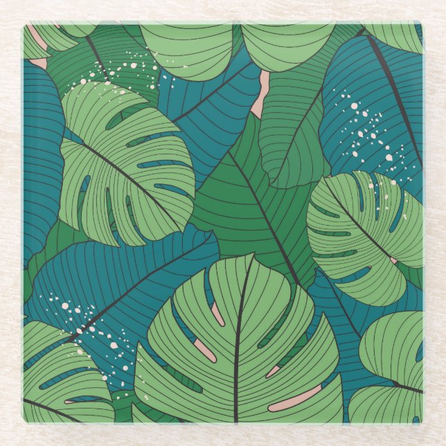 Tropical Leaf Tapestry: Vintage Verdure Glass Coaster (Front)