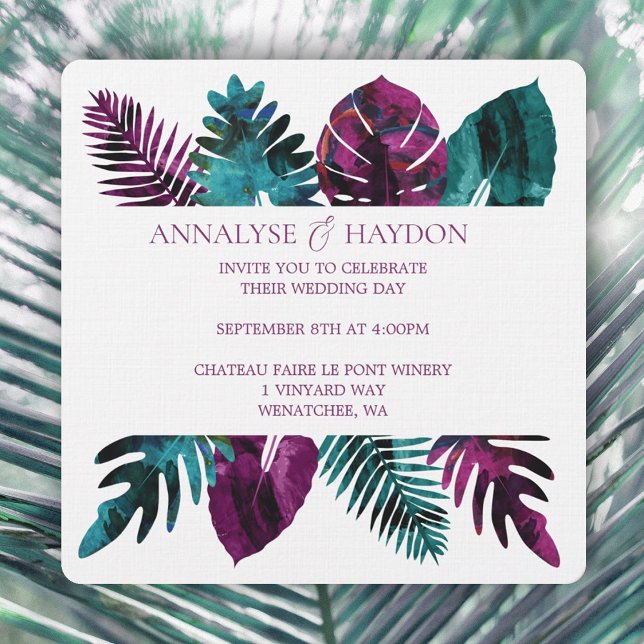 Tropical Leaf, Teal, Wild Berry Pink Wedding Invitation (tropical teal, wild berry pink island leaves wedding invitations, monstera, ferns, palm leaves)