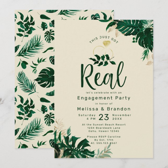 Tropical Leaf This Just Got Real Engagement Party Invitation (Front/Back)