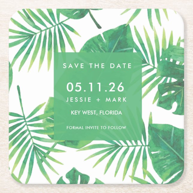 Tropical Leaf Wedding Save the Date Square Paper Coaster (Front)