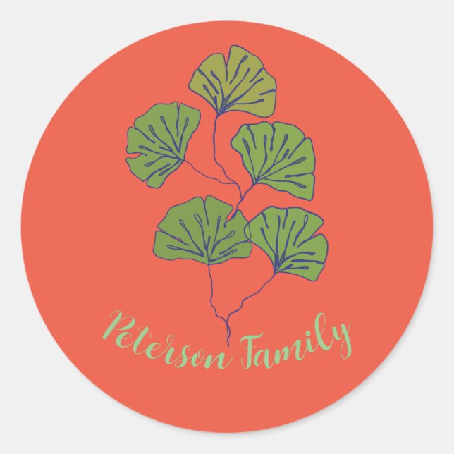 Tropical Leaf  with Perosnalized Family name Classic Round Sticker (Front)