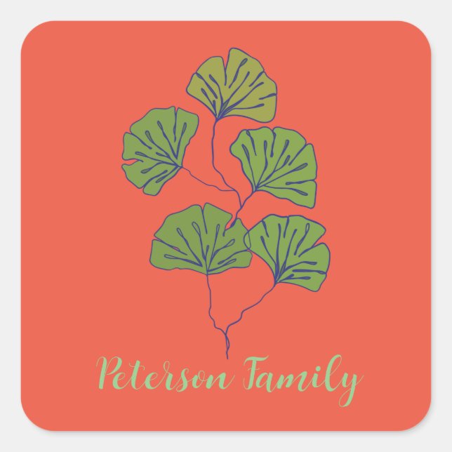 Tropical Leaf  with Perosnalized Family name Square Sticker (Front)