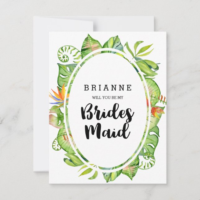 Tropical Leaf Wreath Will You Be My Bridesmaid Invitation (Front)