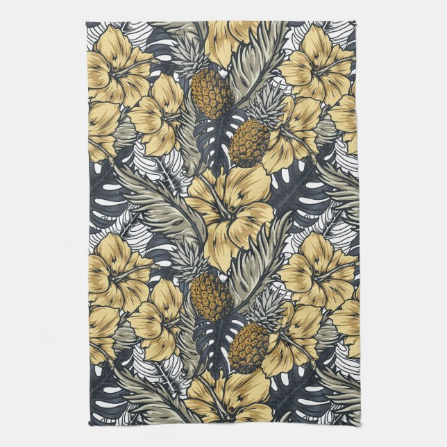 Tropical Leafs and Flowers Pattern Kitchen Towel (Vertical)