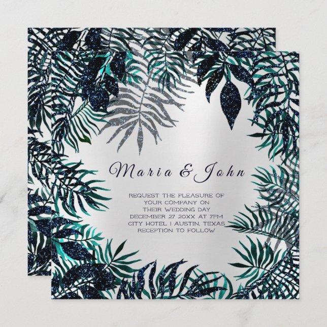 Tropical Leafs Glitter Garden Florals Teal Grey Invitation (Front/Back)
