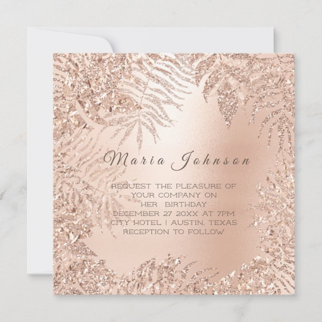 Tropical Leafs Glitter Garden Pink Rose Gold Invitation (Front)