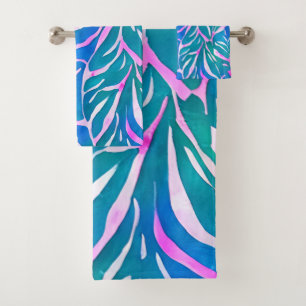 Tropical Leafy Blue Pink Pattern  Bath Towel Set