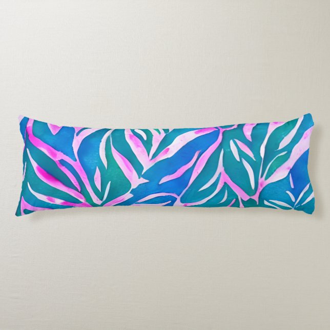 Tropical Leafy Blue Pink Pattern  Body Pillow (Front)