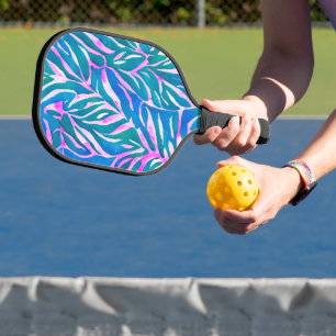 Tropical Leafy Blue Pink Pattern Pickleball Paddle