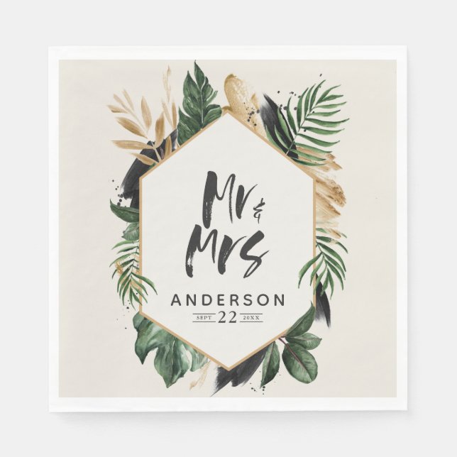 Tropical leafy Mr &Mrs wedding napkins (Front)