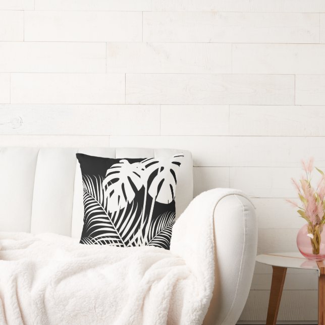 Tropical Leaves 1 White on Black Throw Pillow (Couch)