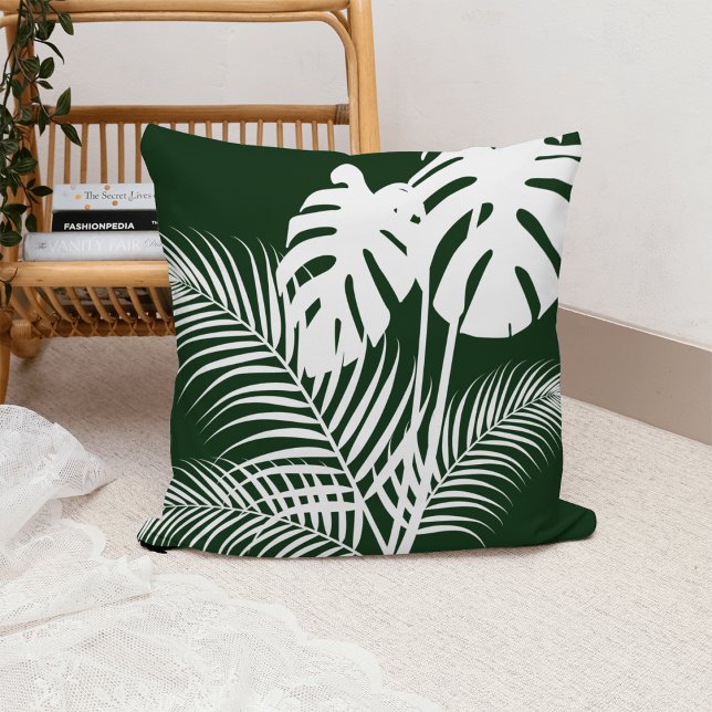 Tropical Leaves 1 White on Dark Green Throw Pillow (Creator Uploaded)