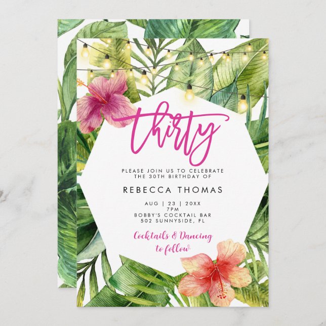 Tropical leaves 30th birthday party invitation (Front/Back)
