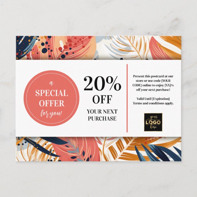 Tropical Leaves Abstract Coupon Discount Postcard (Front)