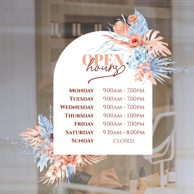 Tropical leaves and arch open hours window cling (Creator Uploaded)